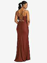 Rear View Thumbnail - Auburn Moon Cowl-Neck Open Tie-Back Stretch Satin Mermaid Dress with Slight Train