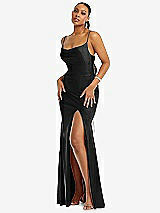 Alt View 1 Thumbnail - Black Cowl-Neck Open Tie-Back Stretch Satin Mermaid Dress with Slight Train