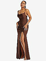 Alt View 1 Thumbnail - Cognac Cowl-Neck Open Tie-Back Stretch Satin Mermaid Dress with Slight Train