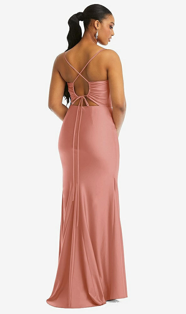 Back View - Desert Rose Cowl-Neck Open Tie-Back Stretch Satin Mermaid Dress with Slight Train