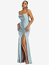 Alt View 1 Thumbnail - Mist Cowl-Neck Open Tie-Back Stretch Satin Mermaid Dress with Slight Train