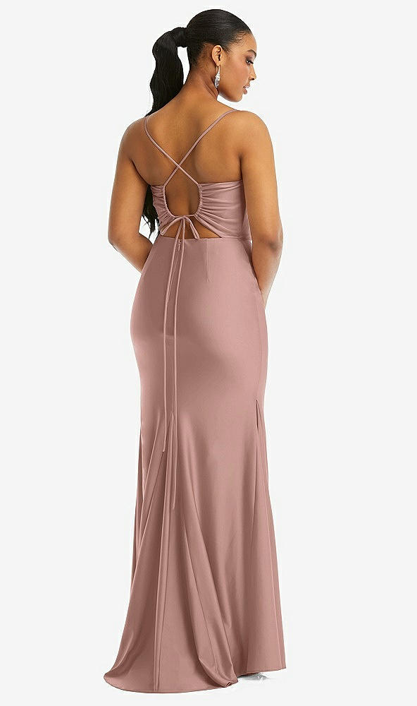 Back View - Neu Nude Cowl-Neck Open Tie-Back Stretch Satin Mermaid Dress with Slight Train