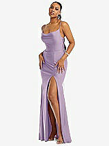 Alt View 1 Thumbnail - Pale Purple Cowl-Neck Open Tie-Back Stretch Satin Mermaid Dress with Slight Train