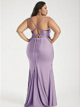 Alt View 3 Thumbnail - Pale Purple Cowl-Neck Open Tie-Back Stretch Satin Mermaid Dress with Slight Train