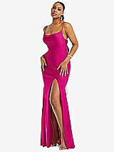 Alt View 1 Thumbnail - Think Pink Cowl-Neck Open Tie-Back Stretch Satin Mermaid Dress with Slight Train