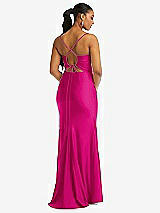 Rear View Thumbnail - Think Pink Cowl-Neck Open Tie-Back Stretch Satin Mermaid Dress with Slight Train