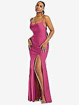 Alt View 1 Thumbnail - Tea Rose Cowl-Neck Open Tie-Back Stretch Satin Mermaid Dress with Slight Train