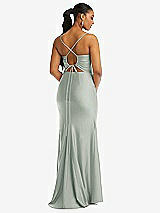 Rear View Thumbnail - Willow Green Cowl-Neck Open Tie-Back Stretch Satin Mermaid Dress with Slight Train