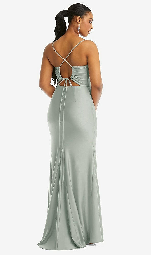 Back View - Willow Green Cowl-Neck Open Tie-Back Stretch Satin Mermaid Dress with Slight Train