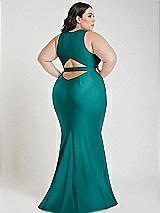 Alt View 3 Thumbnail - Peacock Teal Plunge Neckline Cutout Low Back Stretch Satin Mermaid Dress