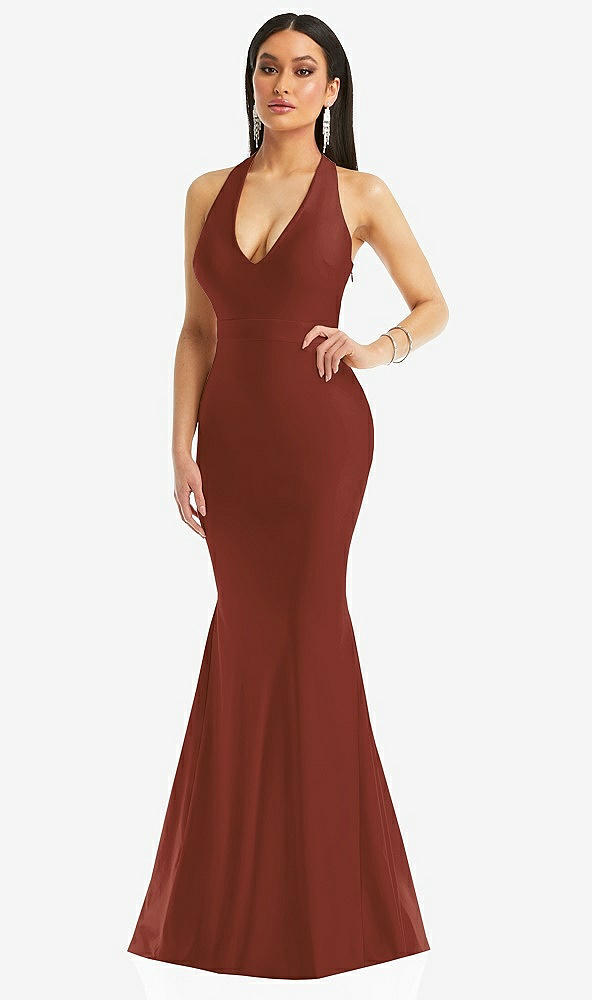 Front View - Auburn Moon Plunge Neckline Cutout Low Back Stretch Satin Mermaid Dress