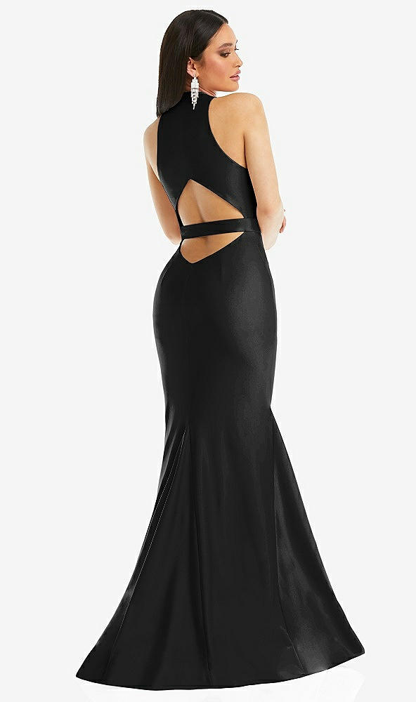 Back View - Black Plunge Neckline Cutout Low Back Stretch Satin Mermaid Dress