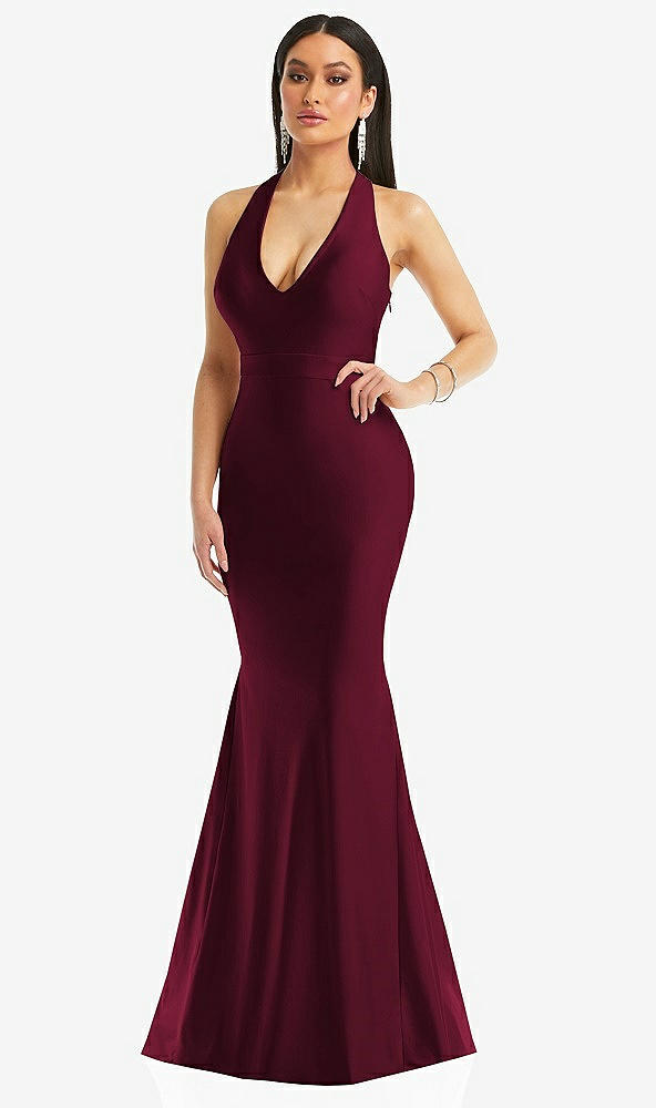 Front View - Cabernet Plunge Neckline Cutout Low Back Stretch Satin Mermaid Dress