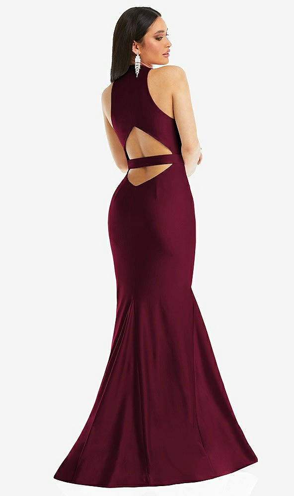 Back View - Cabernet Plunge Neckline Cutout Low Back Stretch Satin Mermaid Dress