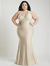 Alt View 1 Thumbnail - Champagne Plunge Neckline Cutout Low Back Stretch Satin Mermaid Dress