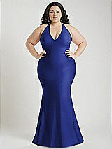 Alt View 1 Thumbnail - Cobalt Blue Plunge Neckline Cutout Low Back Stretch Satin Mermaid Dress