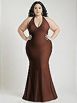 Alt View 1 Thumbnail - Cognac Plunge Neckline Cutout Low Back Stretch Satin Mermaid Dress