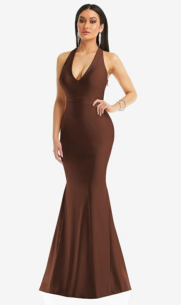 Front View - Cognac Plunge Neckline Cutout Low Back Stretch Satin Mermaid Dress