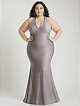 Alt View 1 Thumbnail - Cashmere Gray Plunge Neckline Cutout Low Back Stretch Satin Mermaid Dress