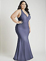 Alt View 2 Thumbnail - French Blue Plunge Neckline Cutout Low Back Stretch Satin Mermaid Dress