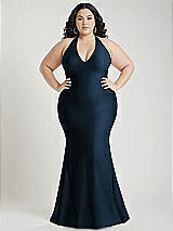 Alt View 1 Thumbnail - Midnight Navy Plunge Neckline Cutout Low Back Stretch Satin Mermaid Dress