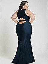 Alt View 3 Thumbnail - Midnight Navy Plunge Neckline Cutout Low Back Stretch Satin Mermaid Dress