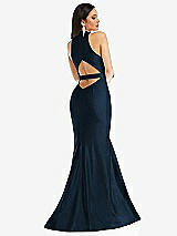 Rear View Thumbnail - Midnight Navy Plunge Neckline Cutout Low Back Stretch Satin Mermaid Dress