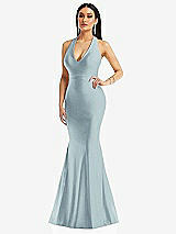 Front View Thumbnail - Mist Plunge Neckline Cutout Low Back Stretch Satin Mermaid Dress