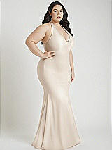 Alt View 2 Thumbnail - Oat Plunge Neckline Cutout Low Back Stretch Satin Mermaid Dress