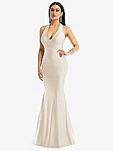 Front View Thumbnail - Oat Plunge Neckline Cutout Low Back Stretch Satin Mermaid Dress