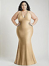 Alt View 1 Thumbnail - Soft Gold Plunge Neckline Cutout Low Back Stretch Satin Mermaid Dress