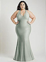 Alt View 1 Thumbnail - Willow Green Plunge Neckline Cutout Low Back Stretch Satin Mermaid Dress