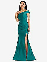 Alt View 1 Thumbnail - Peacock Teal One-Shoulder Bias-Cuff Stretch Satin Mermaid Dress with Slight Train