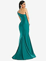 Alt View 3 Thumbnail - Peacock Teal One-Shoulder Bias-Cuff Stretch Satin Mermaid Dress with Slight Train