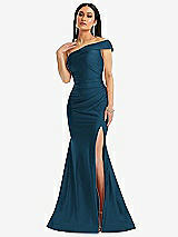 Alt View 1 Thumbnail - Atlantic Blue One-Shoulder Bias-Cuff Stretch Satin Mermaid Dress with Slight Train