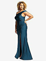 Side View Thumbnail - Atlantic Blue One-Shoulder Bias-Cuff Stretch Satin Mermaid Dress with Slight Train