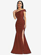 Alt View 1 Thumbnail - Auburn Moon One-Shoulder Bias-Cuff Stretch Satin Mermaid Dress with Slight Train