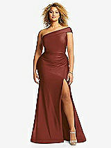 Front View Thumbnail - Auburn Moon One-Shoulder Bias-Cuff Stretch Satin Mermaid Dress with Slight Train