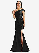 Alt View 1 Thumbnail - Black One-Shoulder Bias-Cuff Stretch Satin Mermaid Dress with Slight Train