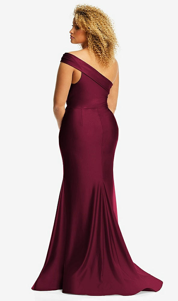 Back View - Cabernet One-Shoulder Bias-Cuff Stretch Satin Mermaid Dress with Slight Train