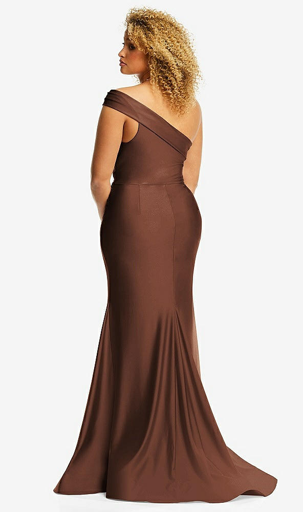 Back View - Cognac One-Shoulder Bias-Cuff Stretch Satin Mermaid Dress with Slight Train