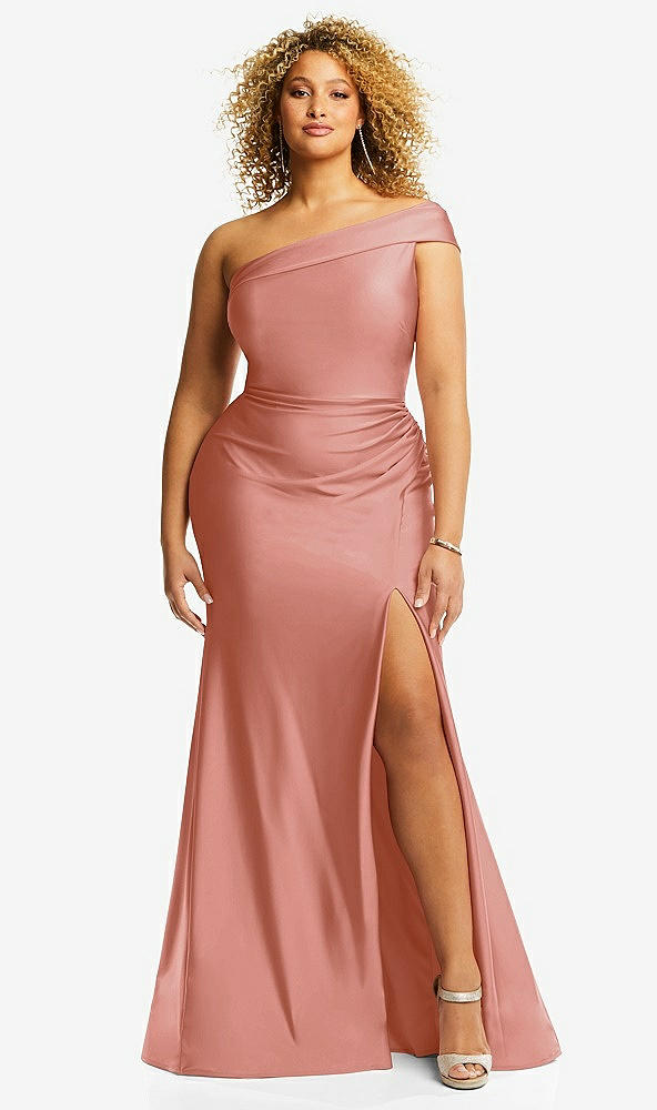 Front View - Desert Rose One-Shoulder Bias-Cuff Stretch Satin Mermaid Dress with Slight Train