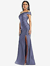 Alt View 2 Thumbnail - French Blue One-Shoulder Bias-Cuff Stretch Satin Mermaid Dress with Slight Train