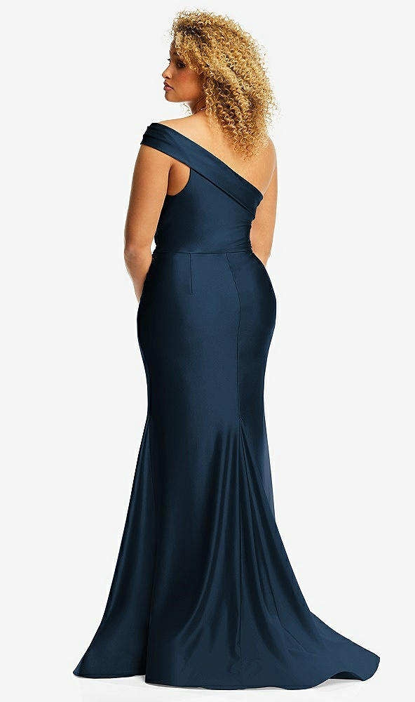 Back View - Midnight Navy One-Shoulder Bias-Cuff Stretch Satin Mermaid Dress with Slight Train