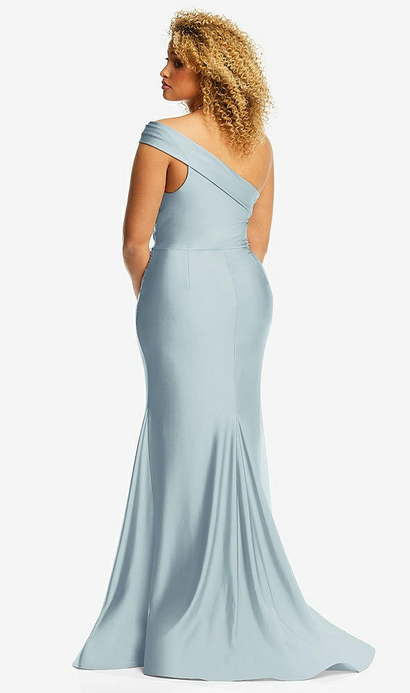 Back View - Mist One-Shoulder Bias-Cuff Stretch Satin Mermaid Dress with Slight Train