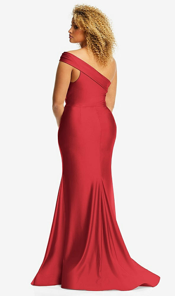 Back View - Poppy Red One-Shoulder Bias-Cuff Stretch Satin Mermaid Dress with Slight Train