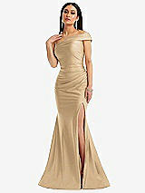 Alt View 1 Thumbnail - Soft Gold One-Shoulder Bias-Cuff Stretch Satin Mermaid Dress with Slight Train