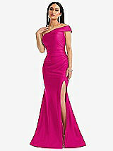 Alt View 1 Thumbnail - Think Pink One-Shoulder Bias-Cuff Stretch Satin Mermaid Dress with Slight Train