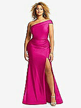 Front View Thumbnail - Think Pink One-Shoulder Bias-Cuff Stretch Satin Mermaid Dress with Slight Train