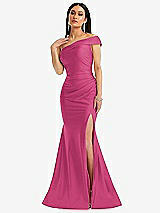 Alt View 1 Thumbnail - Tea Rose One-Shoulder Bias-Cuff Stretch Satin Mermaid Dress with Slight Train